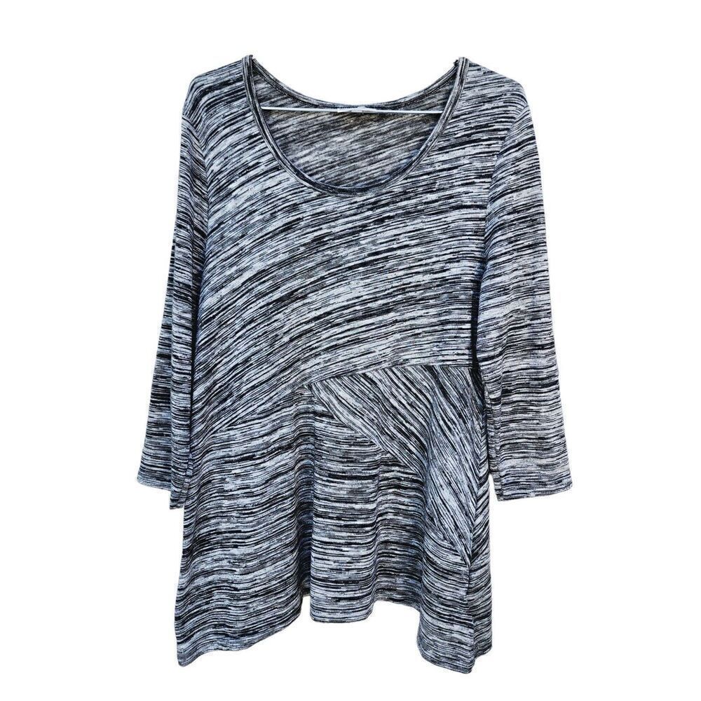 JM Collection Heathered Blouse 3/4 Sleeve Shark Bite Top Stretch Black White L